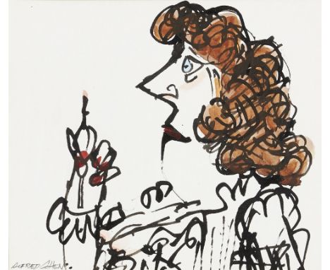 Alfred Cohen,  American/British 1920-2001 -   Lady in Frilly Blouse;   ink and watercolour on paper, signed lower left 'Alfre
