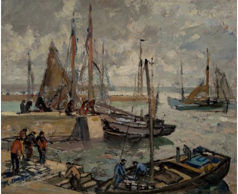 Paul Morchain,  French 1876-1939 -   Thonniers au quai - Matin, Douarnenez;   oil on panel, signed lower right 'P. Morchain',