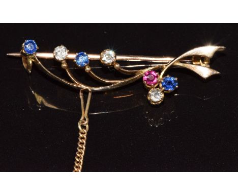 A 15ct gold brooch set with sapphires, diamonds and a ruby, 4.9g, 3.8cm&nbsp;