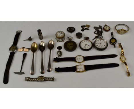 A collection of jewellery and watches including silver Albert, silver pocket watch, silver fob watch set with enamel, Art Dec