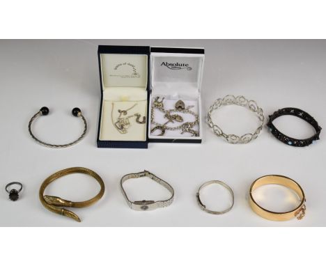 A collection of jewellery including silver ring, silver bangles, snake bangle, silver charm bracelet, silver horseshoe neckla