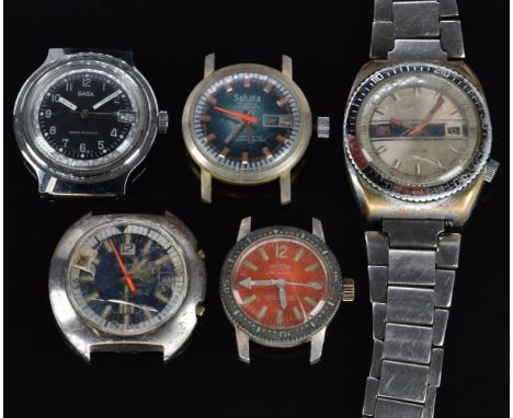 Five vintage mechanical wristwatches comprising Sakata, Prestige, Saga, Cronet and MF, one on stainless steel bracelet, large