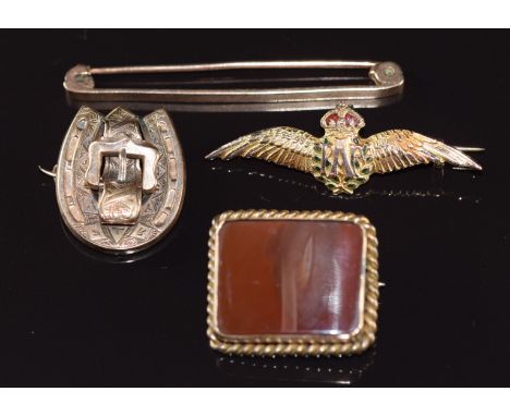 A collection of brooches comprising 9ct gold RAF set with enamel (2.7g, 4cm), 9ct rose gold (2g, 5cm), Victorian 9ct gold in 