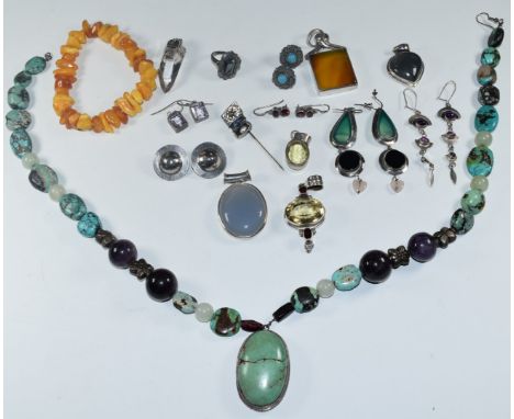 A collection of silver jewellery including six pendants set with quartz, labradorite, etc, beaded turquoise and amethyst neck