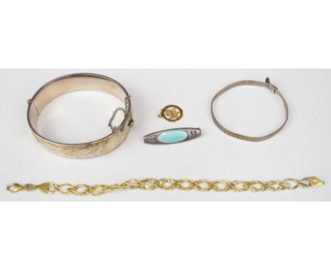 A 9ct gold 'Pisces' charm (0.9g, 1.3cm), hallmarked silver brooch set with enamel by Charles Horner, two silver bangles and a