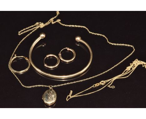 A 9ct gold bangle, 9ct gold locket, a pair of 9ct gold earrings and two 9ct gold chains (49cm &amp; 48cm long), 8.2g