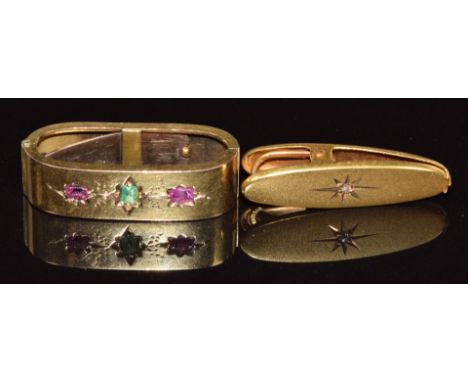 Victorian 9ct gold scarf clip set with paste and two pink sapphires&nbsp;(3.2g 2.6 x 1cm) and a 10k gold clip set with a diam