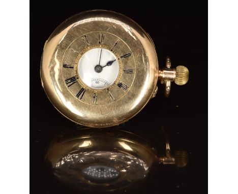 K &amp; Co 14ct gold keyless winding half hunter pocket watch&nbsp;with subsidiary seconds dial, blued hands, black Roman num