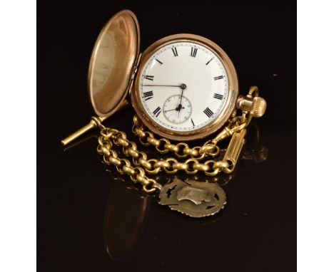 Elgin gold plated keyless winding full hunter pocket watch&nbsp;with inset subsidiary seconds dial, blued hands, black Roman 