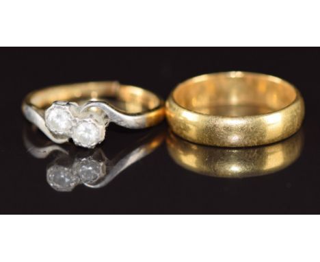 A 22ct gold wedding band / ring (3.2g, size G) and an 18ct gold ring set with spinel, 2g (band cut)