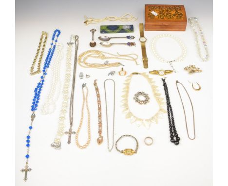 Victorian white metal bangle, French jet bracelet, two silver spoons, 9ct gold owl charm (0.4g), silver crucifix and chain, s