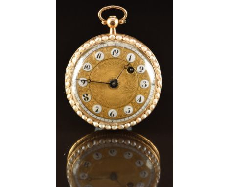 French 18ct gold open faced pocket watch with blued Breguet hands, black Arabic numerals set in white enamel cabochons, gold 