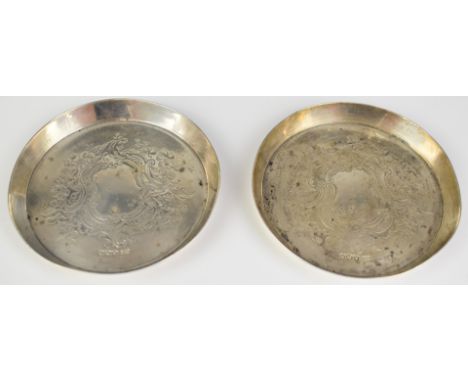 Pair of Victorian hallmarked silver pin dishes, with engraved decoration, Sheffield 1896, maker&nbsp;Harrison Brothers &amp; 