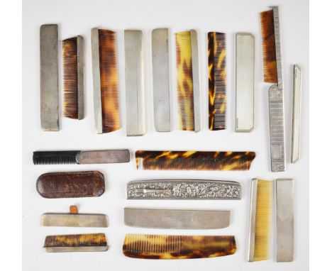 Eight hallmarked silver mounted and two further combs, many with Art Deco engine turned decoration, length of longest 11cm
