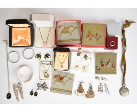 A collection of silver jewellery including seven pairs of earrings by Peruvian Collection, rose quartz necklace, ring, marcas