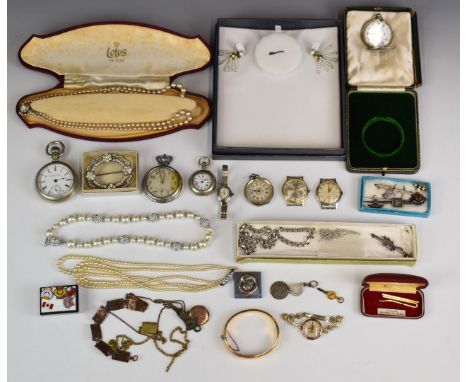 A collection of jewellery, some silver including brooches, necklaces, fob watch and Victorian stick pin, rolled gold bangle, 