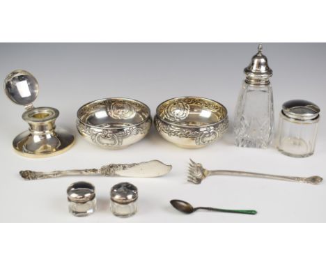 Hallmarked and other silver items comprising pair of bowls marked Damar 900, diameter 11cm, hallmarked silver capstan inkwell