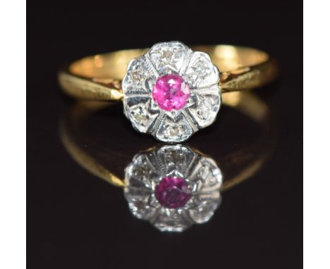 Art Deco 18ct gold ring set with a ruby and diamonds in a platinum setting, 2.7g, size K  