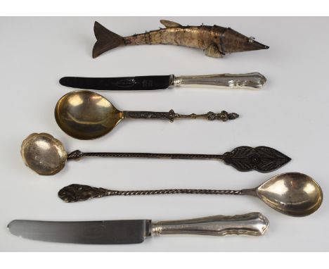 Silver and white metal items comprising Egyptian silver spoon with wrythen handle, filigree ladle, Norwegian silver spoon mar