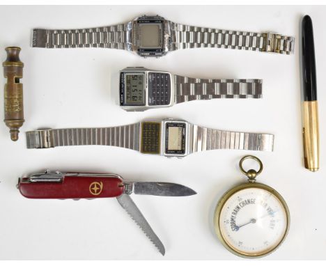 Parker fountain pen, Swiss pocket knife, three retro Casio digital watches, pocket barometer etc