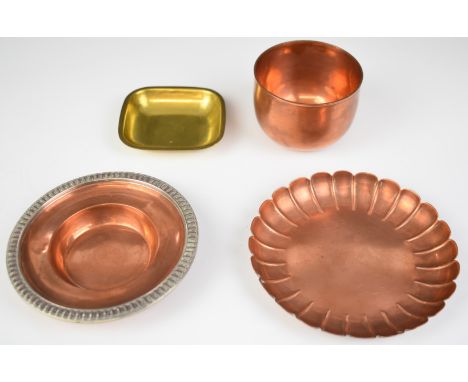 Four Hennell copper and brass example silversmithing pieces, each engraved with the original maker of the style and also its 