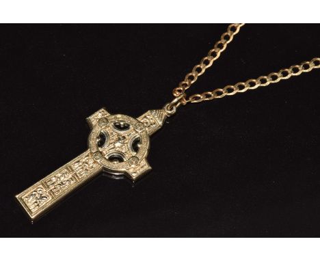 A 9ct gold Celtic cross stamped made in Ireland (4.2cm) and 9ct gold curb link chain (54cm), 12.3g
