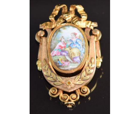 French 18k gold pendant/ brooch set with a ceramic portrait miniature with mother of pearl backing, 16.6g, 2.8 x 4.8cm