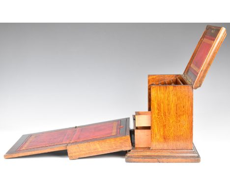 Vintage oak fold out writing compendium or lap desk with writing slope, fitted interior and spring loaded inkwell drawer, W37