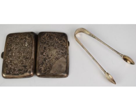 George V hallmarked silver cigarette case and a pair of silver Victorian sugar tongs, cigarette case Chester 1920, maker&nbsp