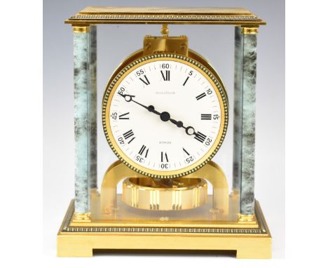 Jaeger-LeCoultre Atmos mantel clock, with brass case, marble or similar columns and white painted dial with Roman numerals an