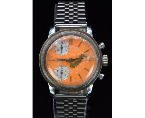 Globa gentleman's chronograph wristwatch with orange dial, silver sub dials, luminous hands, baton hour markers, stainless st