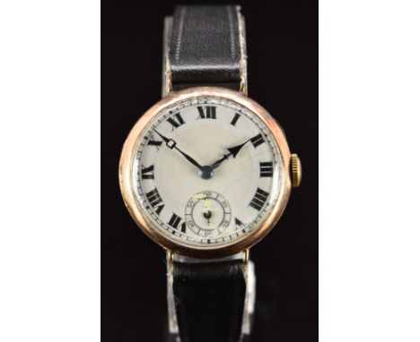 Rolex 9ct gold gentleman's wristwatch with subsidiary seconds dial, blued hands, black Roman numerals, white enamel dial and 