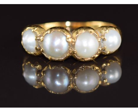 Victorian 18ct gold ring set with four split pearls, 4.2g, size Q