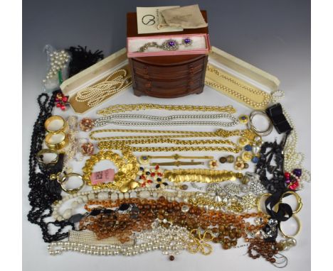 A collection of costume jewellery including vintage earrings, vintage necklaces, silver bangle made up of six bangles, pearl 