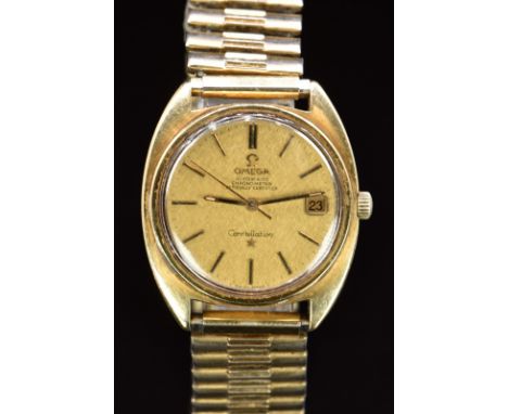 Omega&nbsp;Constellation&nbsp;automatic chronometer gentleman's wristwatch with baton numerals and date aperture on gold colo