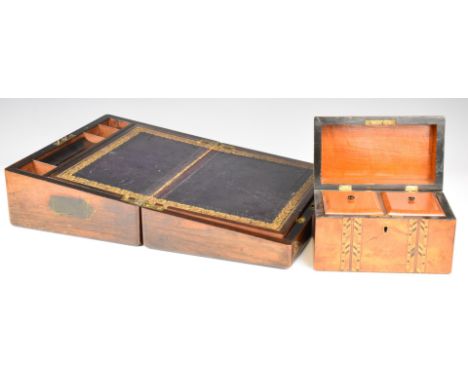 19thC mother of pearl inlaid rosewood writing slope and a Tunbridge Ware walnut tea caddy, largest W36 x D24 x H15cm&nbsp;