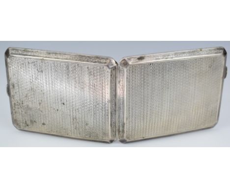 Art Deco hallmarked silver cigarette case with engine turned decoration, engraved to inside with presentation to 'Teddy' Towe