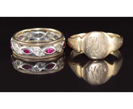 A 9ct gold signet ring and 9ct gold eternity ring set with synthetic stones, 8.3g, size R &amp; N