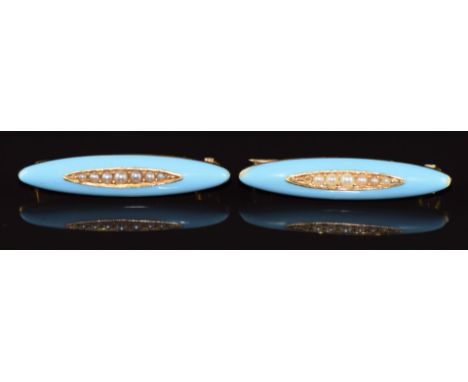 A pair of Edwardian brooches set with aqua enamel and seed pearls, 2.6g, 2.2cm