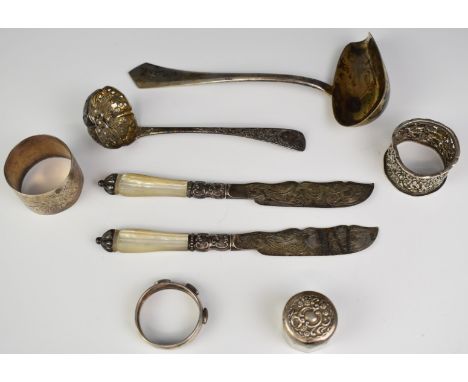 Hallmarked and other silver items to include Czechoslovakian ladle with gilt bowl, three hallmarked silver napkin rings, Geor