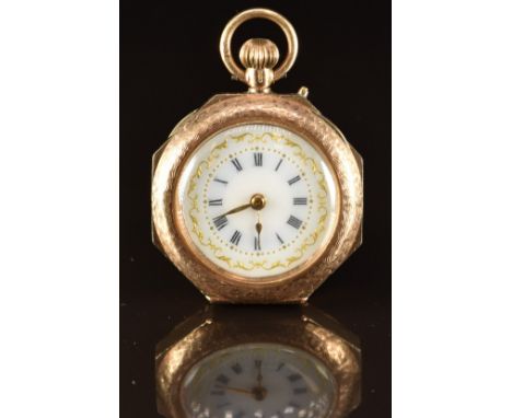 Unnamed 9ct gold keyless winding open faced pocket watch with gold hands, black Roman numerals, gilt decorated white dial, en