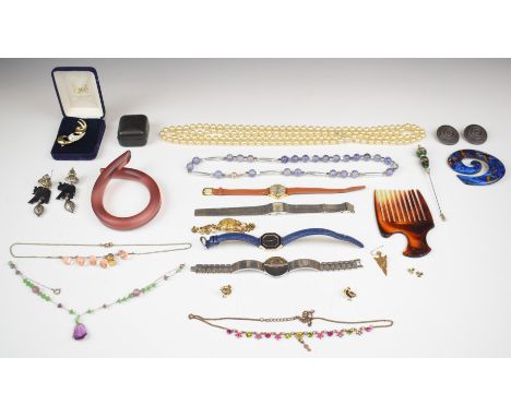 A collection of costume jewellery including rolled gold watch, Seiko watch, designer bangle, Art Deco necklace etc