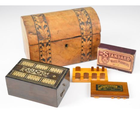 Rosewood and mother of pearl folding cribbage board, together with a boxed pair of whist markers and a dome topped inlaid box