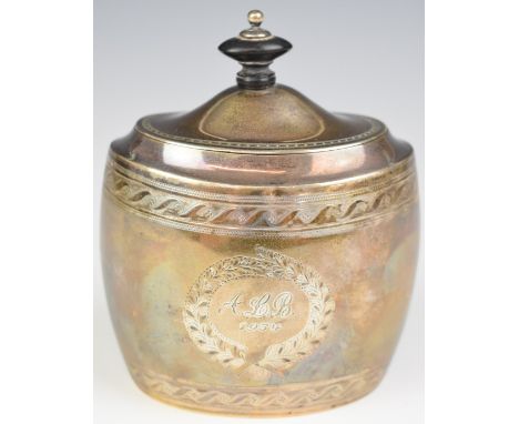 Victorian hallmarked silver tea caddy in the Georgian style, with bright cut decoration, London 1899, maker&nbsp;Henry Stratf