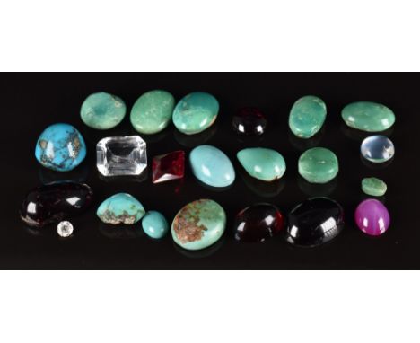 A group of cabochons comprising eleven turquoise, synthetic star ruby, four garnet, synthetic ruby and moonstone (0.2g)