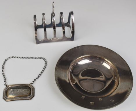 Hallmarked silver items comprising modern feature hallmarked dish, toast rack and a Sherry bottle ticket or label, diameter o
