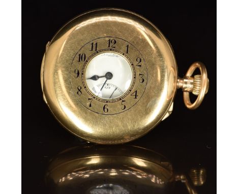 J W Benson of London 9ct gold keyless winding half hunter pocket watch&nbsp;with inset subsidiary seconds dial, blued hands, 