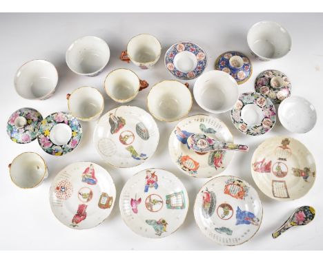 A collection of 19th/20thC Chinese porcelain teaware including famille noir tea bowls, five cups and six saucers decorated wi