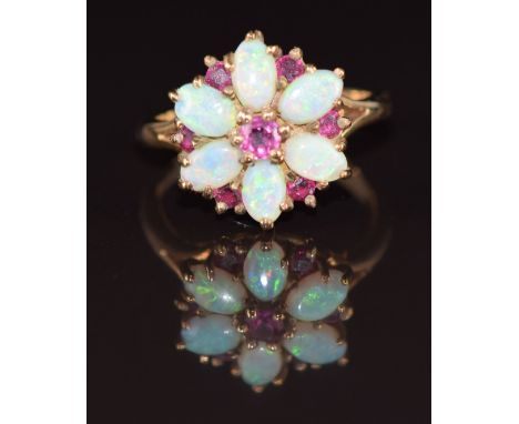 A&nbsp;9ct gold ring set with rubies and opals in a daisy cluster, 3.1g, size I/J