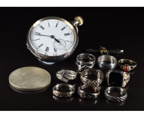 Eight silver rings, a 9ct gold and silver ring, a silver brooch set with&nbsp;connemara marble, silver pocket watch, and one 